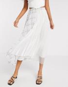 Asos Design Pleated Midi Skirt With Check Print Detail In White