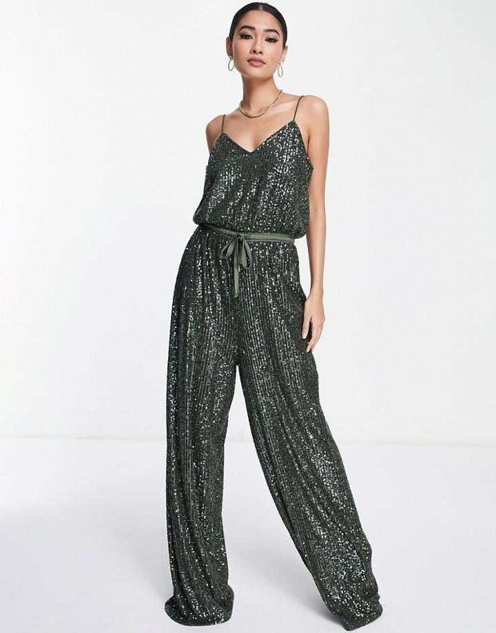 Asos Design Sequin Cami Wide Leg Jumpsuit In Khaki-green