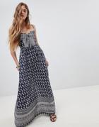 Band Of Gypsies Tie Front Maxi Dress In Border Print - Navy