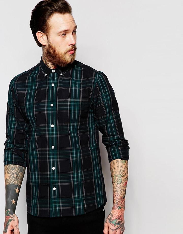 Asos Check Shirt In Navy With Long Sleeves In Regular Fit - Navy