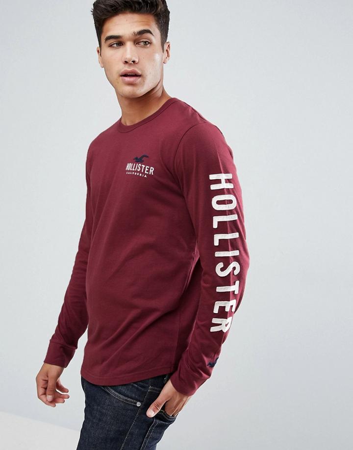 Hollister Long Sleeve Top Tech Logo Sleeve Print In Burgundy - Red
