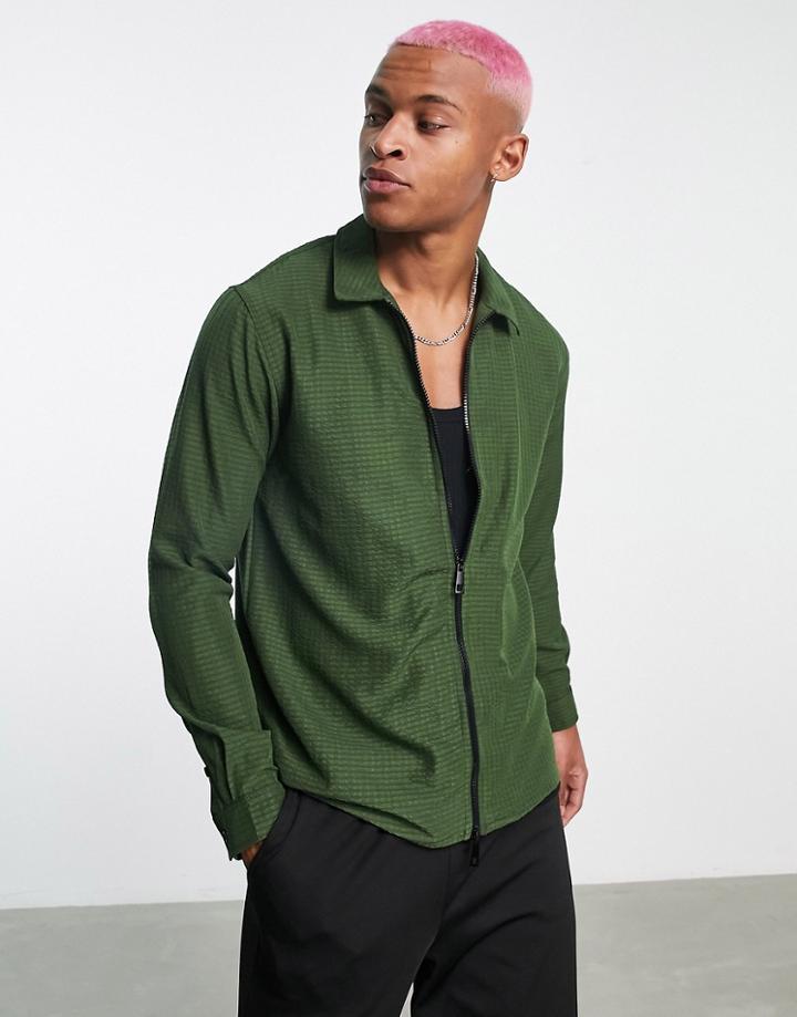 Bolongaro Trevor Seersucker Zip Up Shirt-green