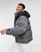 Asos Design Puffer Jacket With Color-block Panel In Charcoal-black