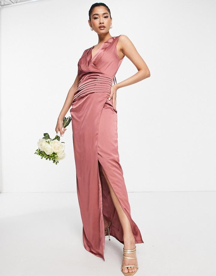 Liquorish Bridesmaid Satin Wrap Front Maxi Dress With Wrap Skirt In Forever Rose-pink
