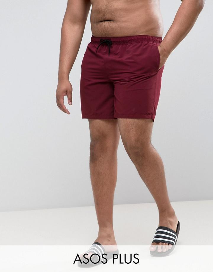 Asos Plus Swim Shorts In Burgundy In Mid Length - Red