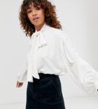 Monki Heart Jaquard Print Pussy Neck Blouse In Off White