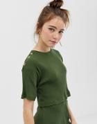 Asos Design Mix & Match Ribbed Slouchy Tee With Tortoishell Buttons - Green