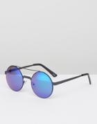 Asos Metal Round Sunglasses In Black With Blue Mirror Lens - Black