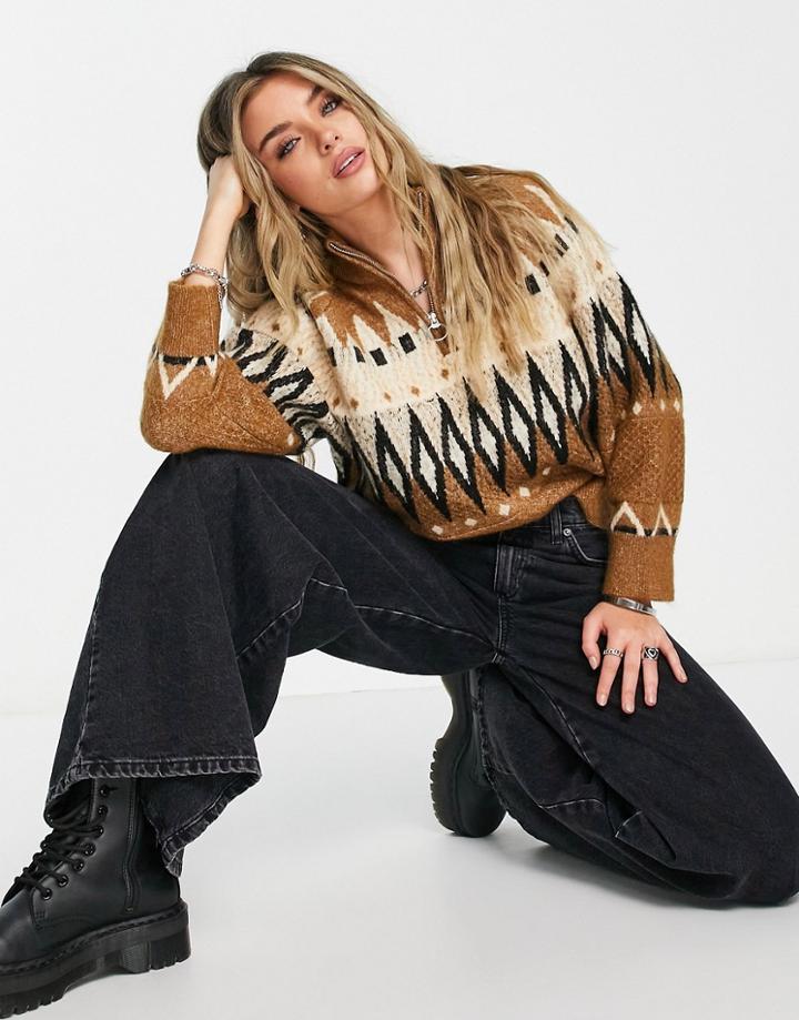 Object Recycled Blend Fairisle Sweater With Half Neck Zip In Rust-brown