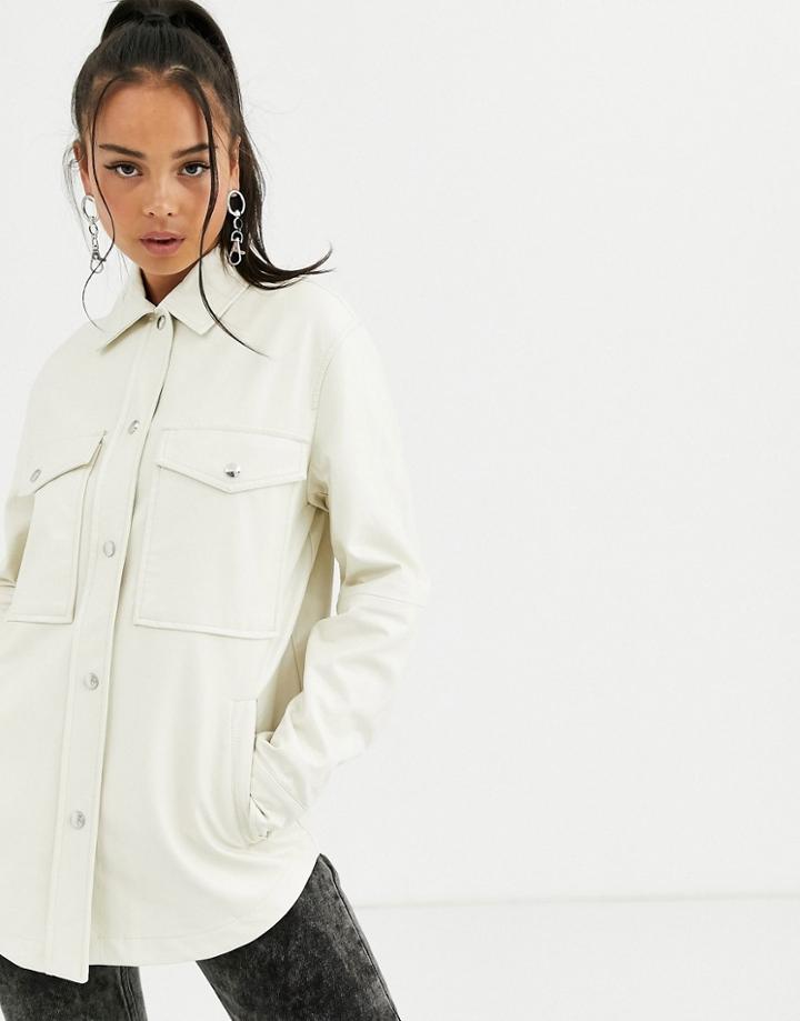 Bershka Pocket Detail Faux Leather Jacket In Ecru-white