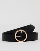 Asos Slim Belt In Black Faux Leather And Gold Circle Buckle - Black