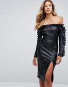 Missguided Leather Look Ruffle Bardot Pencil Dress - Black