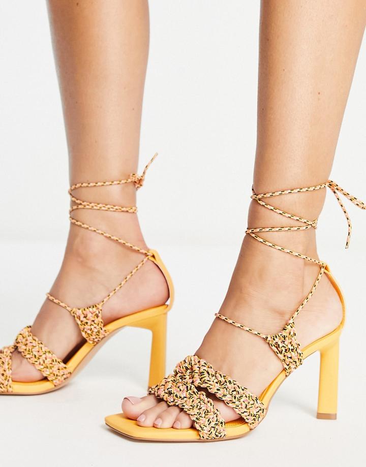 Stradivarius Strappy Tie Leg Heeled Sandals In Orange