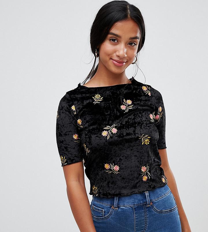 Asos Design Petite Top In Velvet With Floral Embroidery - Black
