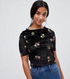Asos Design Petite Top In Velvet With Floral Embroidery - Black