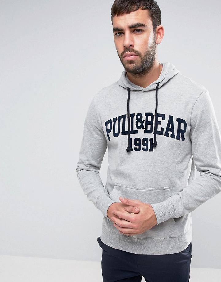Pull & Bear Logo Hoodie In Gray - Gray
