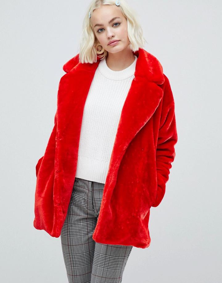 Monki Faux Fur Jacket In Red - Blue