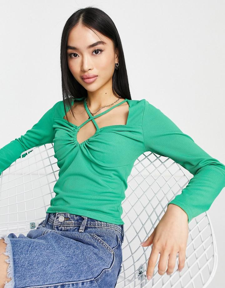 New Look Long Sleeve Keyhole Cut Out Top In Green