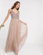 Maya Bridesmaid Allover Contrast Sequin Bust Maxi Dress In Taupe Blush-pink