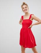 Asos Ruffle Strap Shirred Sundress - Red