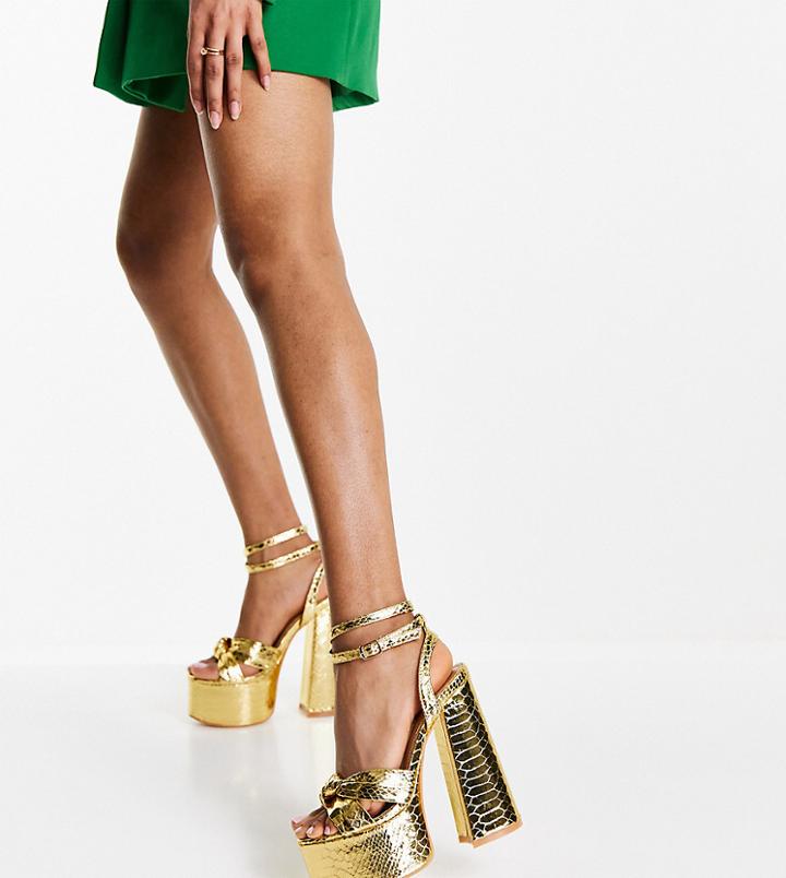 Public Desire Wide Fit Leo Platform Heel Sandals In Gold Metallic