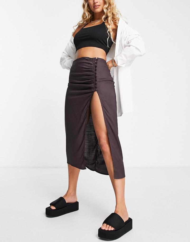 Asos Design Drapey Button Side Thigh Slit Midi Skirt In Chocolate-brown
