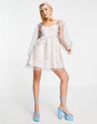 Miss Selfridge Organza Volume Sleeve Mini Dress In Vintage Floral-multi