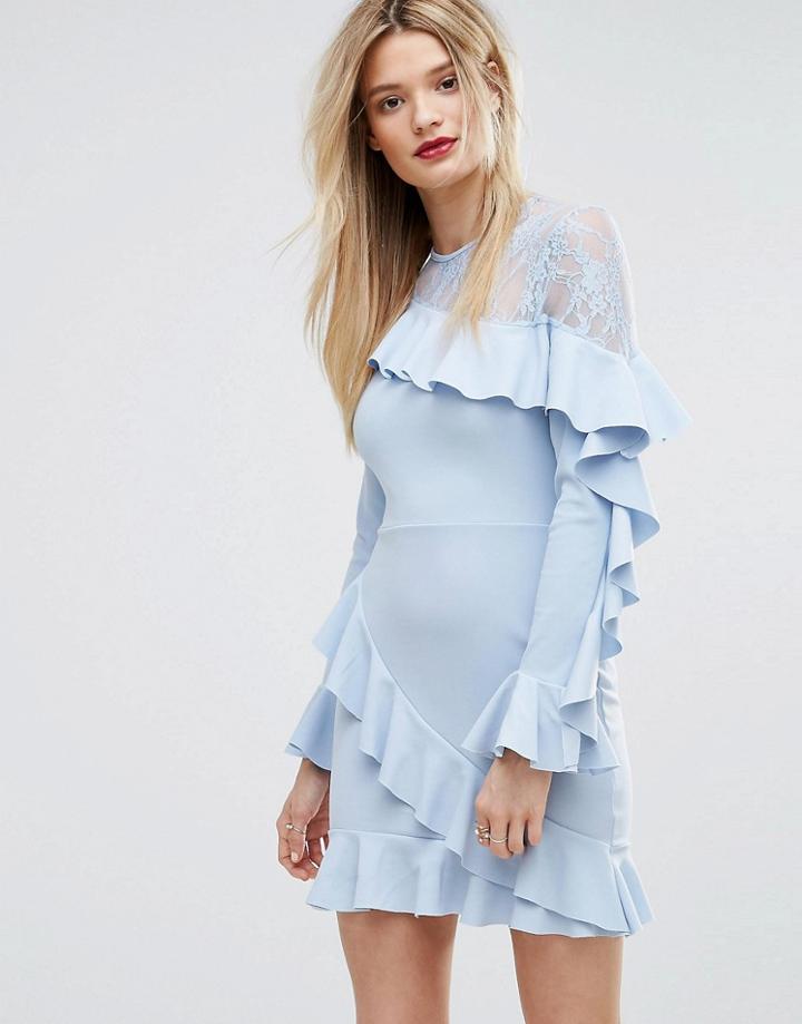 Missguided Lace Insert Frill Detail Dress - Blue