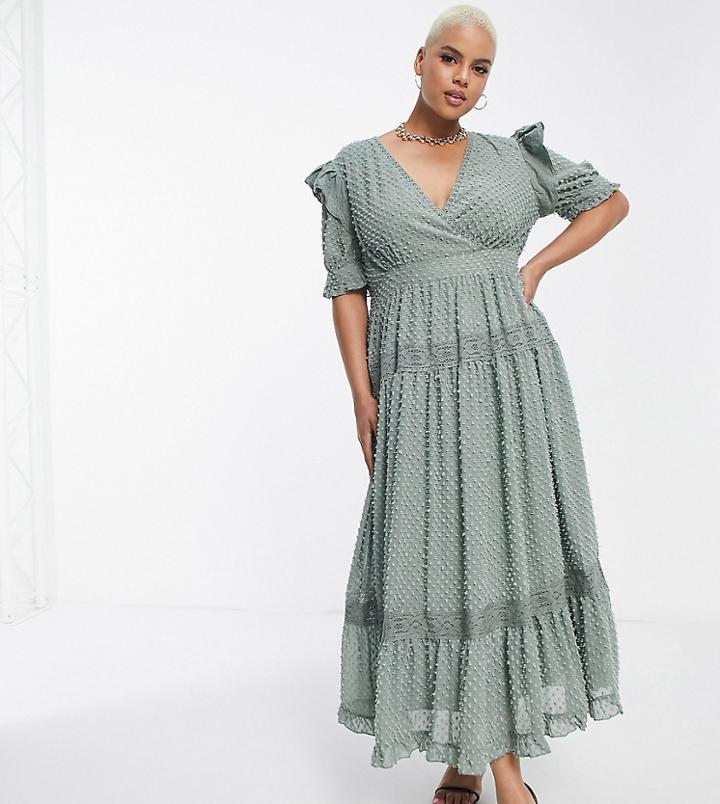 Asos Design Curve Wrap Front Lace Insert Textured Midi Tea Dress In Sage Green