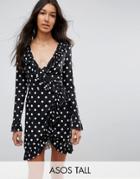 Asos Tall Wrap Front Tea Dress With Frill In Polka Dot - Black