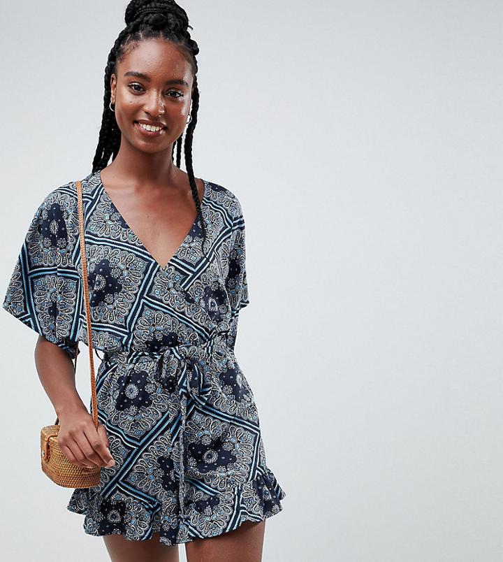 Influence Tall Scarf Print Frill Shorts Romper - Navy