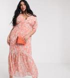 Hope & Ivy Plus Plunge Front Midi Dress In Peach Floral-multi