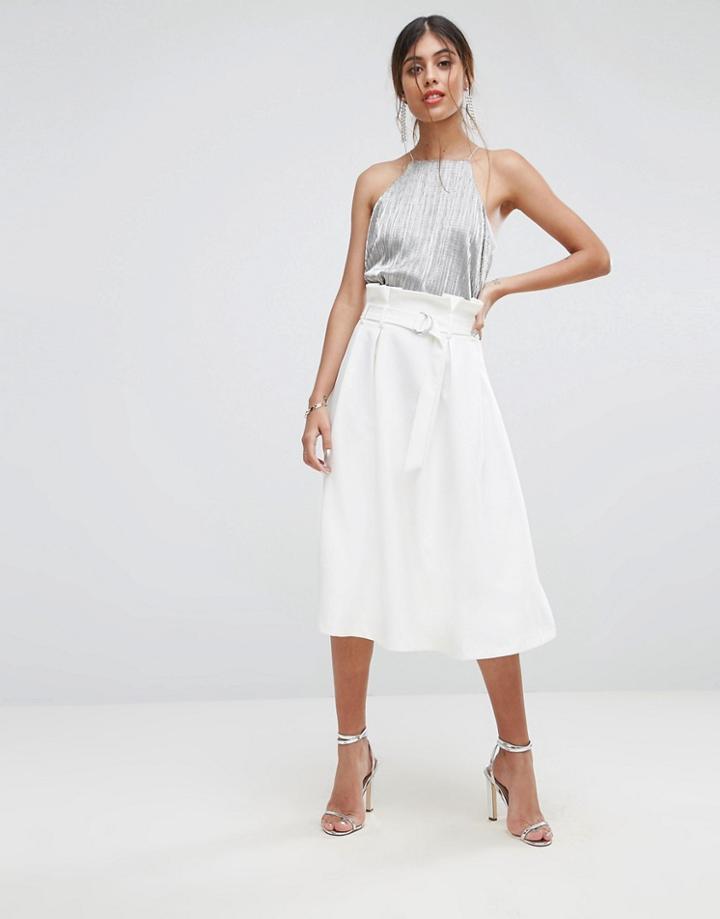 Asos Full Skirt With Paper Bag Waist & D Ring - White