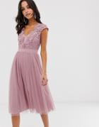 Little Mistress Capped Sleeve Lace Midi Dress With Tulle Skirt-pink