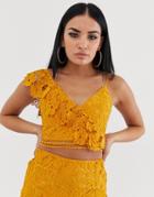 Love Triangle One Shoulder Crochet Crop Top In Burnt Yellow