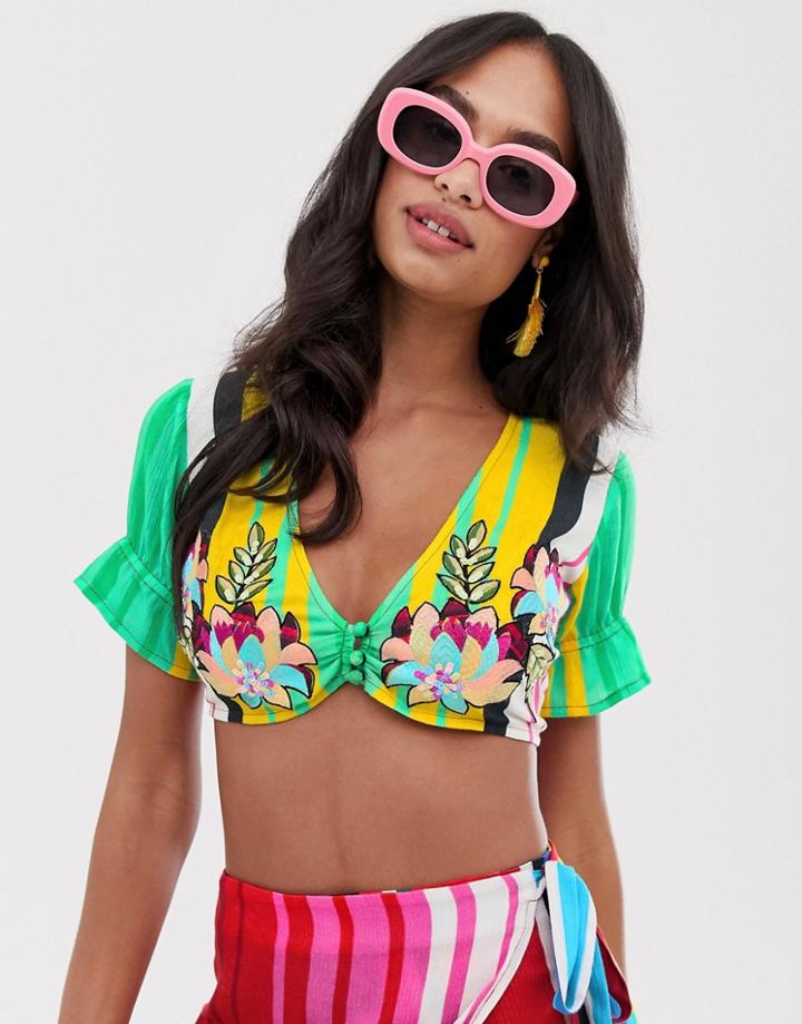 Asos Design Premium Beach Crop Top In Rainbow Stripe With Embroidery Two-piece-multi