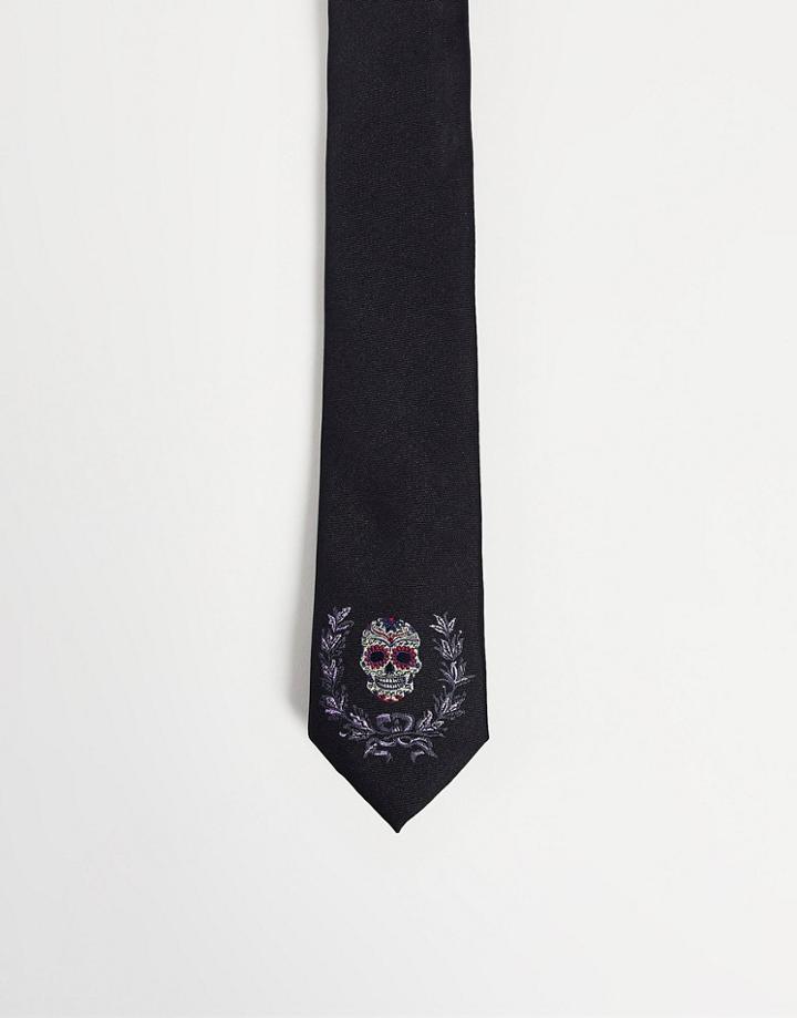 Twisted Tailor Tie In Black With Skull Embroidery