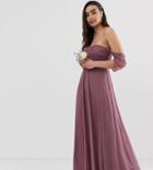 Asos Design Bridesmaid Bardot Ruched Pleated Maxi Dress - Purple