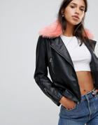 Influence Faux Fur Collar Biker Jacket With Buckles - Black