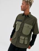 Asos Design Oversized Poplin Shirt With Double Pockets And D Ring - Green