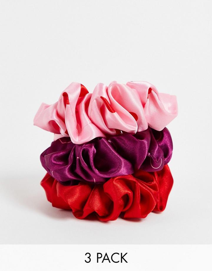 Vero Moda Matching 3 Pack Hair Scrunchies In Pink Heart, Red & Burgundy Heart-multi