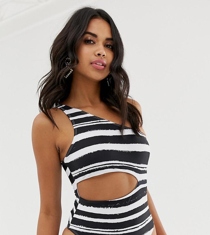 Missguided One Shoulder Swimsuit With Cut Out Detail In Mono Stripe - White