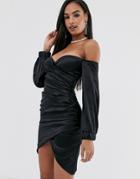 Club L London Bardot Satin Ruched Mini Dress In Black - Black