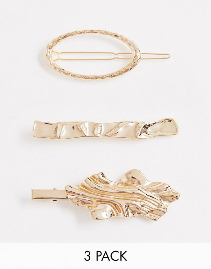 Asos Design Pack Of 3 Hair Clips In Mixed Crushed And Textured Designs In Gold Tone