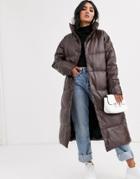 Asos Design Longline Leather Look Puffer Coat In Chocolate-brown