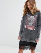 Pull & Bear Lace Hem Logo Print Sweater Dress - Gray