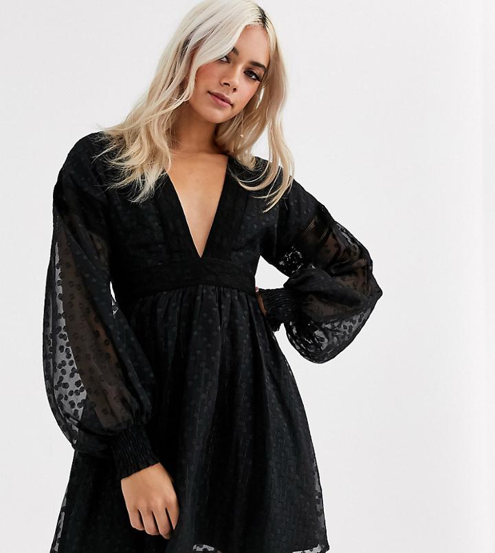 Sisters Of The Tribe Plunge Neck Dress With Balloon Sleeves In Dobby Spot-black