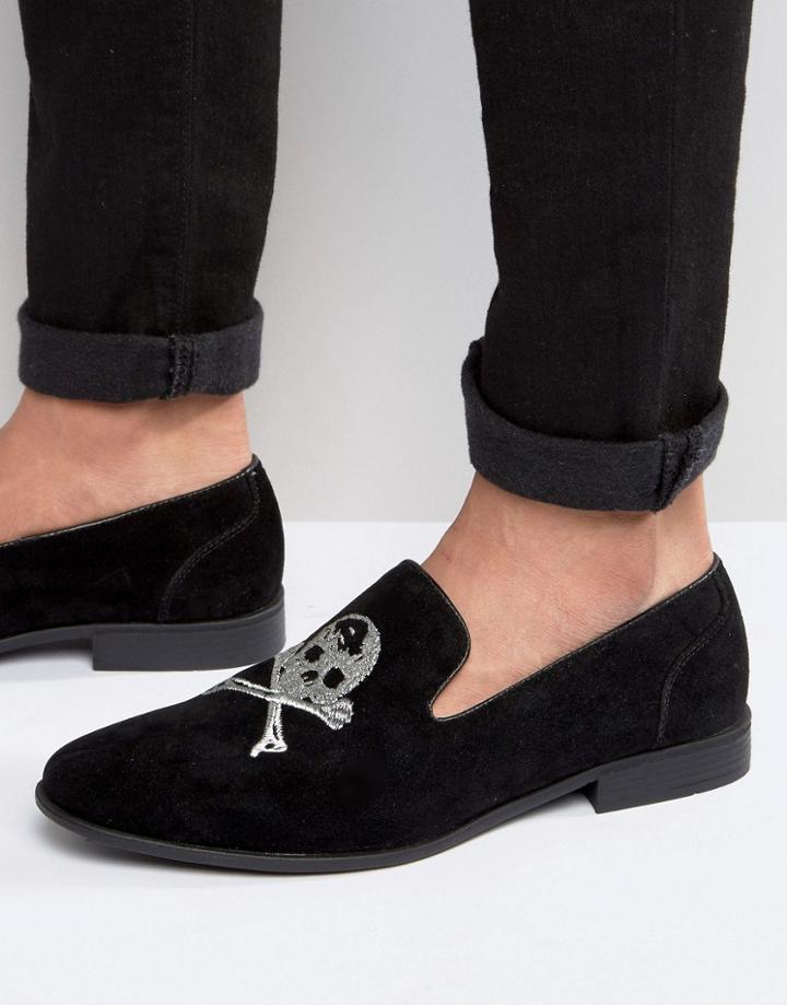 Asos Smart Loafers In Black Faux Suede With Skull And Crossbones - Bla