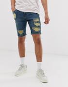 Asos Design Denim Shorts In Skinny Dark Wash Blue With Heavy Rips