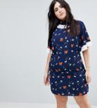 Fashion Union Plus Shift Dress With Chiffon Sleeve And Collar Layer In Floral Folk Print - Navy